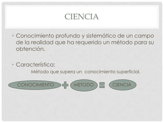 CIENCIA
• Conocimiento profundo y sistemático de un campo
de la realidad que ha requerido un método para su
obtención.
• Característica:
Método que supera un conocimiento superficial.
CONOCIMIENTO

METODO

CIENCIA

 