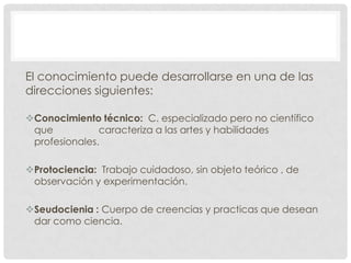 El conocimiento puede desarrollarse en una de las
direcciones siguientes:
Conocimiento técnico: C. especializado pero no científico
que
caracteriza a las artes y habilidades
profesionales.
Protociencia: Trabajo cuidadoso, sin objeto teórico , de
observación y experimentación.

Seudocienia : Cuerpo de creencias y practicas que desean
dar como ciencia.

 