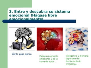 3. Entre y descubra su sistema
emocional !Hágase libre
emocionalmente!
Inteligencia y memoria
dependen del
funcionamiento
emocional…
Existe un cociente
emocional, y es la
clave del éxito...
Siento luego pienso
 