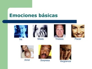 Emociones básicas
Ira TristezaMiedo Placer
Amor Sorpresa Vergüenza
 