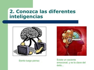 2. Conozca las diferentes
inteligencias
Existe un cociente
emocional, y es la clave del
éxito...
Siento luego pienso
 
