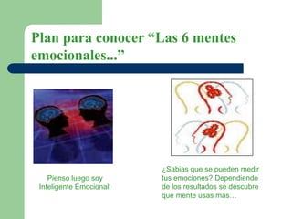 Plan para conocer “Las 6 mentes
emocionales...”
¿Sabias que se pueden medir
tus emociones? Dependiendo
de los resultados se descubre
que mente usas más…
Pienso luego soy
Inteligente Emocional!
 
