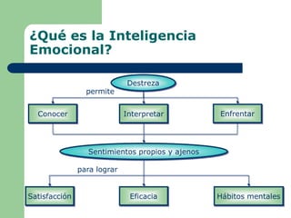 ¿Qué es la Inteligencia
Emocional?
Destreza
Conocer Interpretar Enfrentar
Sentimientos propios y ajenos
Satisfacción Eficacia Hábitos mentales
permite
para lograr
 