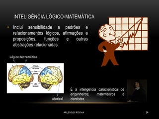 INTELIGÊNCIA LÓGICO-MATEMÁTICA 
• Inclui sensibilidade a padrões e 
relacionamentos lógicos, afirmações e 
proposições, funções e outras 
abstrações relacionadas 
É a inteligência característica de 
engenheiros, matemáticos e 
cientistas. 
Lógico-Matemática 
Musical 
ARLINDO ROCHA 14 
 