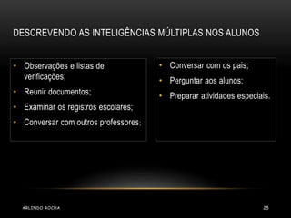 DESCREVENDO AS INTELIGÊNCIAS MÚLTIPLAS NOS ALUNOS 
• Observações e listas de 
verificações; 
• Reunir documentos; 
• Examinar os registros escolares; 
• Conversar com outros professores; 
• Conversar com os pais; 
• Perguntar aos alunos; 
• Preparar atividades especiais. 
ARLINDO ROCHA 25 
 