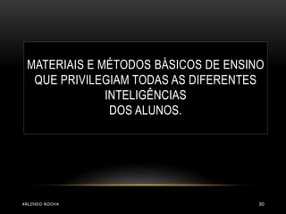 MATERIAIS E MÉTODOS BÁSICOS DE ENSINO 
QUE PRIVILEGIAM TODAS AS DIFERENTES 
INTELIGÊNCIAS 
DOS ALUNOS. 
ARLINDO ROCHA 30 
 