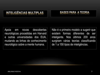 Apoia em novas descobertas 
neurológicas procedidas em Harvard 
e outras universidades dos EUA, 
mudando as linhas de conhecimento 
neurológico sobre a mente humana. 
Não é o primeiro modelo a sugerir que 
existem formas diferentes de ser 
inteligente. Nos últimos 200 anos 
surgiram várias teorias classificando 
de 1 a 150 tipos de inteligências. 
ARLINDO ROCHA 7 
 