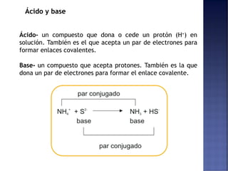 Ácido y base
Ácido- un compuesto que dona o cede un protón (H+) en
solución. También es el que acepta un par de electrones para
formar enlaces covalentes.
Base- un compuesto que acepta protones. También es la que
dona un par de electrones para formar el enlace covalente.
 