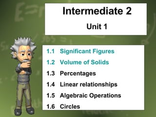 Intermediate 2 Unit 1 1.1   Significant Figures 1.2   Volume of Solids 1.3  Percentages 1.4  Linear relationships 1.5  Algebraic Operations 1.6  Circles 