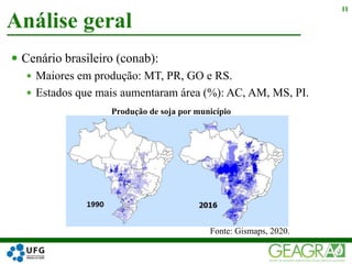  Cenário brasileiro (conab):
 Maiores em produção: MT, PR, GO e RS.
 Estados que mais aumentaram área (%): AC, AM, MS, PI.
Análise geral
11
Fonte: Gismaps, 2020.
Produção de soja por município
 