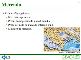 Commodity agrícola:
 Mercadoria primária;
 Possui homogeneidade a nível mundial;
 Preço definido no mercado internacional;
 Liquidez de mercado.
Mercado
14
Fonte: Dreamstime, 2020.
 