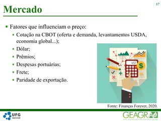  Fatores que influenciam o preço:
 Cotação na CBOT (oferta e demanda, levantamentos USDA,
economia global...);
 Dólar;
 Prêmios;
 Despesas portuárias;
 Frete;
 Paridade de exportação.
Mercado
17
Fonte: Finanças Forever, 2020.
 