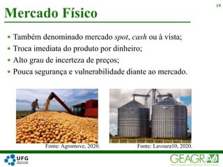  Também denominado mercado spot, cash ou à vista;
 Troca imediata do produto por dinheiro;
 Alto grau de incerteza de preços;
 Pouca segurança e vulnerabilidade diante ao mercado.
Mercado Físico
19
Fonte: Lavoura10, 2020.Fonte: Agromove, 2020.
 