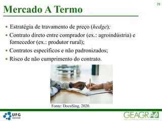  Estratégia de travamento de preço (hedge);
 Contrato direto entre comprador (ex.: agroindústria) e
fornecedor (ex.: produtor rural);
 Contratos específicos e não padronizados;
 Risco de não cumprimento do contrato.
Mercado A Termo
21
Fonte: DocuSing, 2020.
 