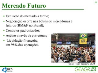  Evolução do mercado a termo;
 Negociação ocorre nas bolsas de mercadorias e
futuros (BM&F no Brasil);
 Contratos padronizados;
 Acesso através de corretoras;
 Liquidação financeira
em 98% das operações.
Mercado Futuro
22
Fonte: Hugo Teixeira, 2020.
 