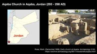 Aqaba Church in Aqaba, Jordan (293 - 298 AD)
Rose, Mark. (December,1998). Early church at Aqaba. Archaeology 51(6).
https://archive.archaeology.org/9811/newsbriefs/aqaba.html
Jordan
 