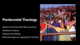 Pentecostal Theology
Baptism of the Holy Spirit after conversion

Speaking in tongues

Prophecy and Healing

Miraculous signs as a regular part of worship
 
