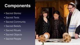 Components
• Sacred Stories


• Sacred Texts


• Sacred Community


• Sacred Beliefs


• Sacred Rituals


• Sacred Objects


• Sacred People
 