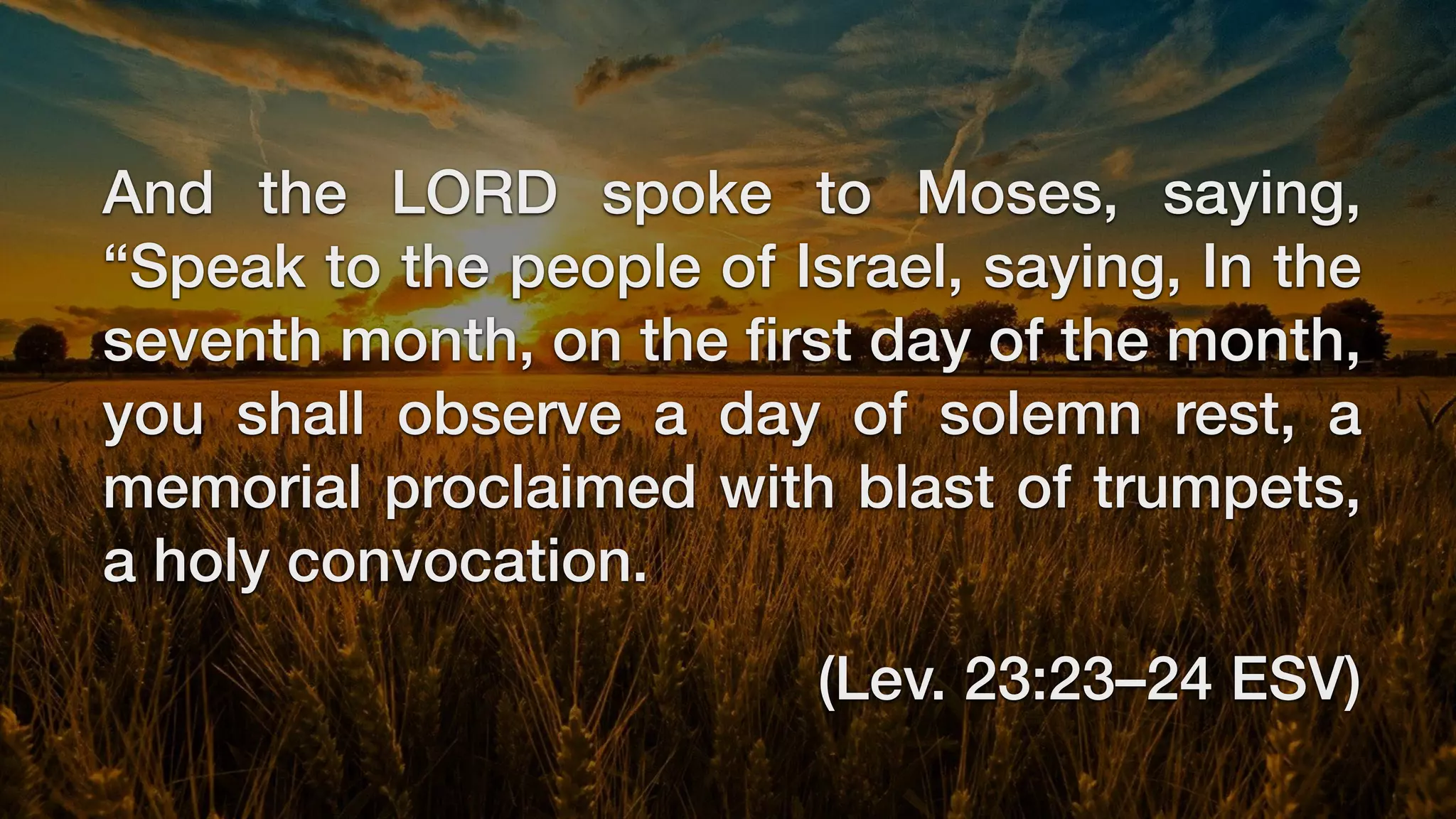 And the LORD spoke to Moses, saying,
“Speak to the people of Israel, saying, In the
seventh month, on the
fi
rst day of the month,
you shall observe a day of solemn rest, a
memorial proclaimed with blast of trumpets,
a holy convocation.
(Lev. 23:23–24 ESV)
 