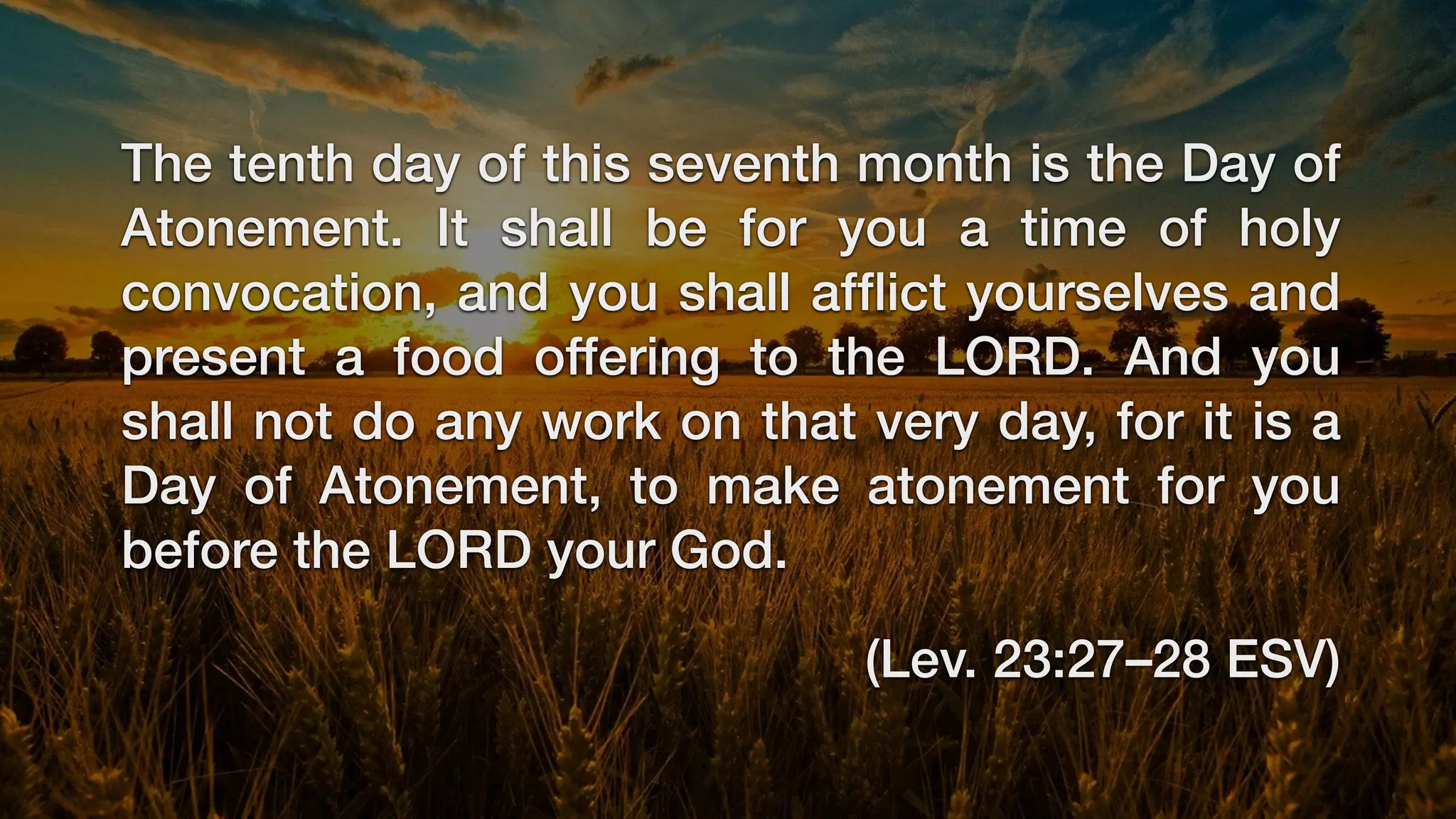 The tenth day of this seventh month is the Day of
Atonement. It shall be for you a time of holy
convocation, and you shall af
fl
ict yourselves and
present a food offering to the LORD. And you
shall not do any work on that very day, for it is a
Day of Atonement, to make atonement for you
before the LORD your God.
(Lev. 23:27–28 ESV)
 