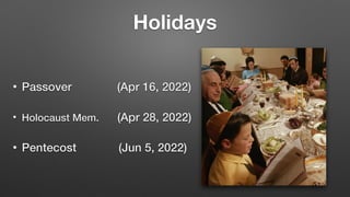 Holidays
• Passover (Apr 16, 2022)


• Holocaust Mem. (Apr 28, 2022)


• Pentecost (Jun 5, 2022)
 