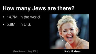 How many Jews are there?
• 14.7M in the world


• 5.8M in U.S.
Kate Hudson
(Pew Research, May 2021)
 