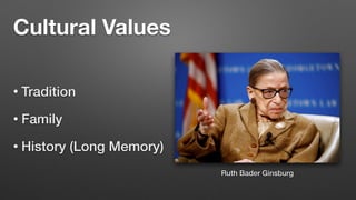 • Tradition


• Family


• History (Long Memory)
Ruth Bader Ginsburg
Cultural Values
 