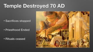 Temple Destroyed 70 AD
• Sacri
fi
ces stopped


• Priesthood Ended


• Rituals ceased
 