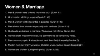 Women & Marriage
1. Men & women were created “from one soul” (Surah 4:1)
2. God created all things in pairs (Surah 51:49)
3. Men & women will be rewarded in paradise (Surah 3:195)
4. Men should treat women respectfully with kindness (Surah 4:19)
5. Husbands are leaders in marriage. Women are not inferior (Surah 4:34)
6. Women dress modestly outside. No command to be completely veiled.
7. Men can marry up to 4 wives & must treat them fairly & equally (Surah 4:3)
8. Muslim men may marry Jewish or Christian wives, but not pagan (Surah 2:221)
9. Women are unclean during their period (Surah 2:222)
208
 