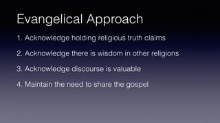 Evangelical Approach
1. Acknowledge holding religious truth claims
2. Acknowledge there is wisdom in other religions
3. Acknowledge discourse is valuable
4. Maintain the need to share the gospel
 