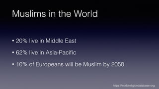 Muslims in the World
• 20% live in Middle East
• 62% live in Asia-Paci
fi
c
• 10% of Europeans will be Muslim by 2050
https://worldreligiondatabase-org
 