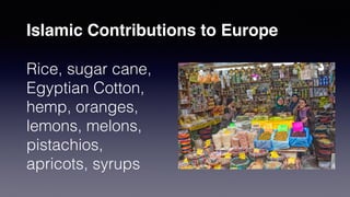 Islamic Contributions to Europe
Rice, sugar cane,
Egyptian Cotton,
hemp, oranges,
lemons, melons,
pistachios,
apricots, syrups
 