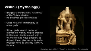Vishnu (Mythology)
• Bhagavata Purana epic, has most
of the Vishnu stories.
• He becomes pre-existing god
• Gives nectar of immortality to
other gods
• Story: gods wanted nectar of
eternal life. Vishnu helped produce
it. Demons tried to run off with it.
Vishnu created Maya (illusion) to
distract them, give nectar to gods.
Physical world to this day is MAYA,
illusory.
Cartwright, Mark. (2012). “Vishnu”. In World History Encyclopedia
 
