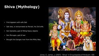 Shiva (Mythology)
• First Appears with wife Sati
• Sati dies, is reincarnated as Parvati, his 2nd wife.
• Son Ganesha, god of lifting heavy objects
• Son Murugan, god of war
• Brought the Ganges river from the Milky Way
Jones, C. James, J. (2007). “Shiva” in Encyclopedia of Hinduism. 406
 
