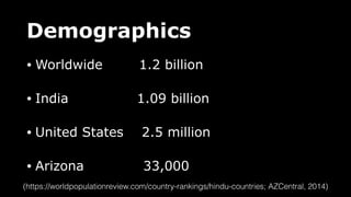 Demographics
• Worldwide 1.2 billion
• India 1.09 billion
• United States 2.5 million
• Arizona 33,000
(https://worldpopulationreview.com/country-rankings/hindu-countries; AZCentral, 2014)
 