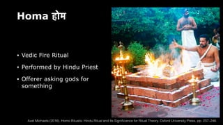 Homa होम
• Vedic Fire Ritual
• Performed by Hindu Priest
• Offerer asking gods for
something
Axel Michaels (2016). Homo Ritualis: Hindu Ritual and Its Signi
fi
cance for Ritual Theory. Oxford University Press. pp. 237–248.
 