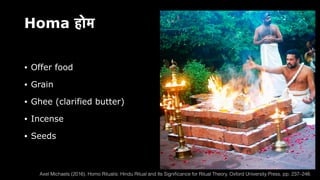 Homa होम
• Offer food
• Grain
• Ghee (clarified butter)
• Incense
• Seeds
Axel Michaels (2016). Homo Ritualis: Hindu Ritual and Its Signi
fi
cance for Ritual Theory. Oxford University Press. pp. 237–248.
 