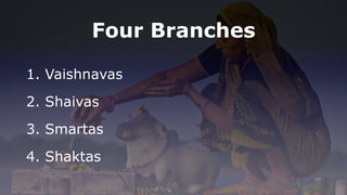 Four Branches
1. Vaishnavas
2. Shaivas
3. Smartas
4. Shaktas
 