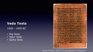 Veda Texts
1500 - 1000 BC
• Rig Veda
• Yajur Veda
• Sama Veda
Jones & Ryan. (2007). Encyclopedia of Hinduism.
 