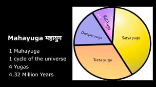 Mahayuga महायुग
1 Mahayuga
1 cycle of the universe
4 Yugas
4.32 Million Years
 