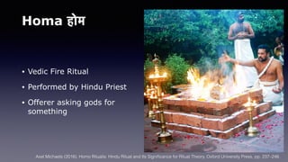Homa होम
• Vedic Fire Ritual
• Performed by Hindu Priest
• Offerer asking gods for
something
Axel Michaels (2016). Homo Ritualis: Hindu Ritual and Its Signi
fi
cance for Ritual Theory. Oxford University Press. pp. 237–248.
 