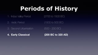 Periods of History
1. Indus Valley Period (2700 to 1500 BC)
2. Vedic Period (1500 to 500 BC)
3. Second Urbanisation (500 - 200 BC)
4. Early Classical (200 BC to 320 AD)
 