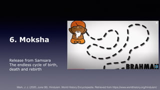 6. Moksha
Release from Samsara
The endless cycle of birth,
death and rebirth
Mark, J. J. (2020, June 08). Hinduism. World History Encyclopedia. Retrieved from https://www.worldhistory.org/hinduism/
 