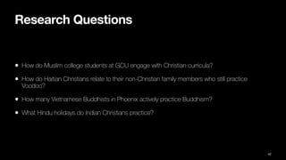 Research Questions
• How do Muslim college students at GCU engage with Christian curricula?
• How do Haitian Christians relate to their non-Christian family members who still practice
Voodoo?
• How many Vietnamese Buddhists in Phoenix actively practice Buddhism?
• What Hindu holidays do Indian Christians practice?
42
 