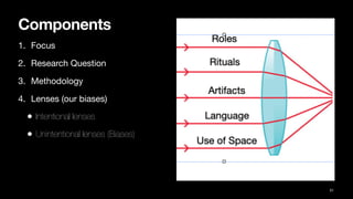 Components
1. Focus
2. Research Question
3. Methodology
4. Lenses (our biases)
• Intentional lenses
• Unintentional lenses (Biases)
51
 