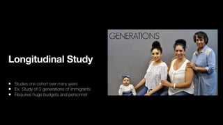 Longitudinal Study
• Studies one cohort over many years
• Ex. Study of 3 generations of immigrants
• Requires huge budgets and personnel
 