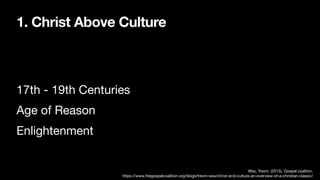 1. Christ Above Culture
17th - 19th Centuries
Age of Reason
Enlightenment
Wax, Trevin. (2015). Gospel coaltion.
https://www.thegospelcoalition.org/blogs/trevin-wax/christ-and-culture-an-overview-of-a-christian-classic/
 