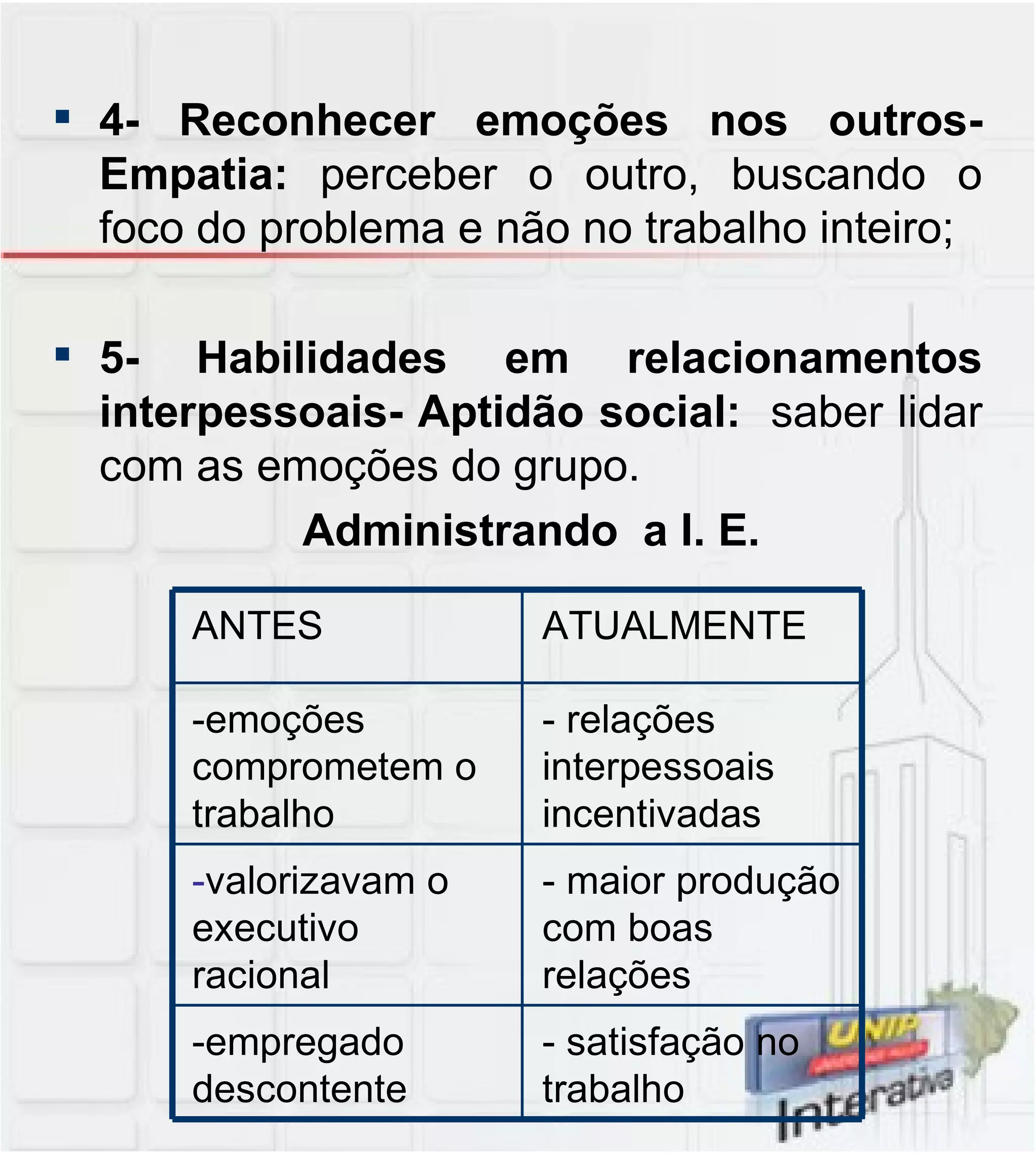 4- Reconhecer emoções nos outros- Empatia:  perceber o outro, buscando o foco do problema e não no trabalho inteiro; 5- Habilidades em relacionamentos interpessoais- Aptidão social:  saber lidar com as emoções do grupo. Administrando  a I. E. - satisfação no trabalho -empregado descontente - maior produção com boas relações - valorizavam o executivo racional - relações interpessoais incentivadas -emoções comprometem o trabalho ATUALMENTE ANTES 