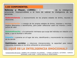 I.III COMPONENTES.
Salovey y Mayer, (1990): 5 componentes de la inteligencia
emocional, imprescindibles a la hora de valorar la inteligencia de las
personas.

Autoconciencia: o reconocimiento de los propios estados de ánimo, recursos e
intuiciones.

Autoregulación: o manejo de los propios estados de ánimo, impulsos y recursos.
Implica detectarlos e identificarlos, para poder reflexionar sobre los mismos y emitir
juicios de valor

Automotivación: o la motivación intrínseca que surge del individuo en relación a la
tarea, y que la facilitan o dificultan

Empatía: o ponerse en el lugar del otro, identificando y reconociendo las emociones
de los demás

Habilidades sociales: o relaciones interpersonales; la capacidad para inducir
respuestas deseadas en los otros utilizando la comunicación.

I. ¿QUÉ ES LA INTELIGENCIA EMOCIONAL?
Componentes del grupo: BOMBILLAR CUADROS, ALEJANDRO. / CONDE LACÁRCEL, ALFONSO. / GARCÍA
                      SERRANO, JUAN JOSÉ. / LOPEZ ARCHILLA, IRENE MARÍA
 