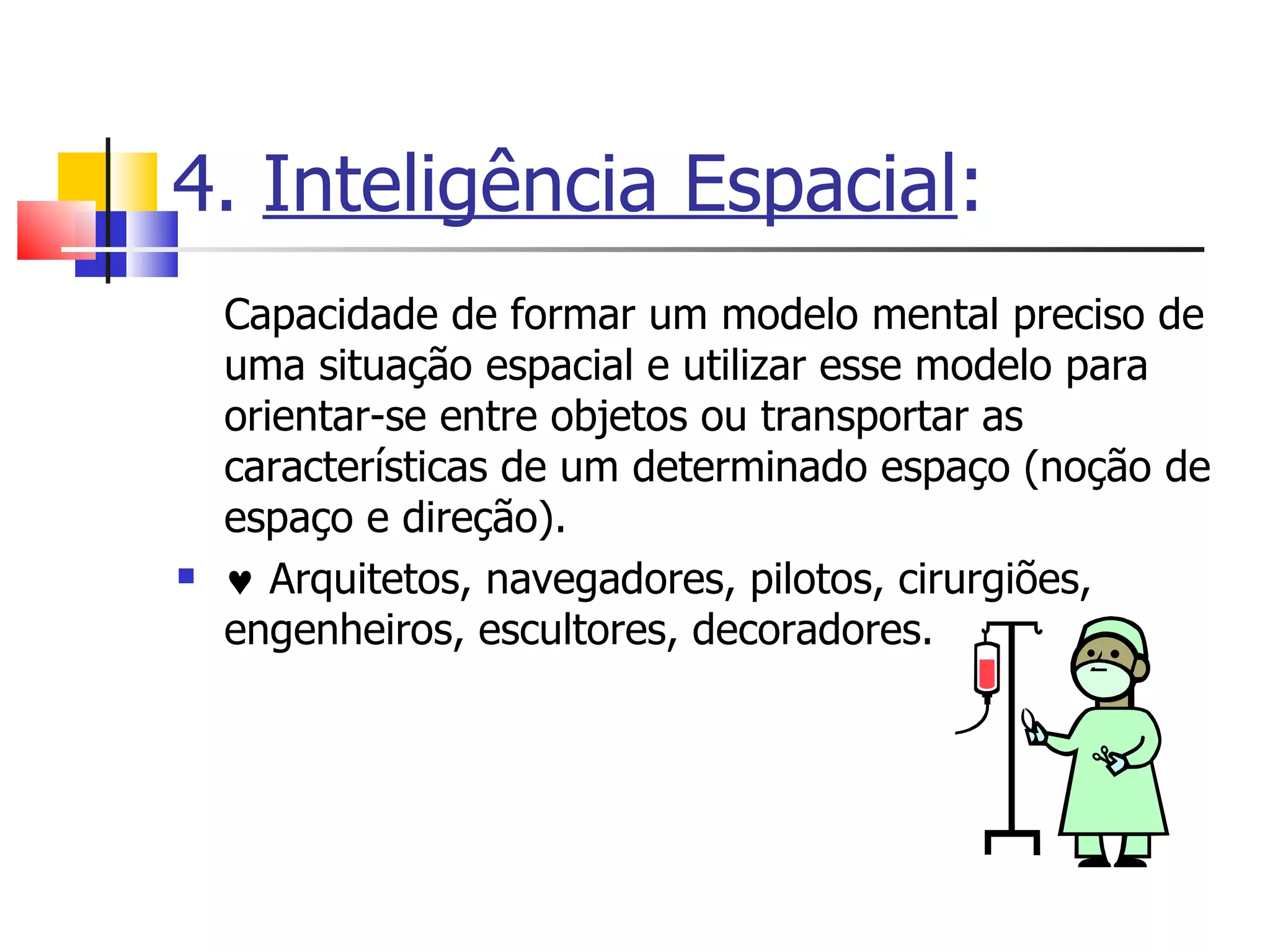 4.  Inteligência Espacial : Capacidade de formar um modelo mental preciso de uma situação espacial e utilizar esse modelo para orientar-se entre objetos ou transportar as características de um determinado espaço (noção de espaço e direção).     Arquitetos, navegadores, pilotos, cirurgiões, engenheiros, escultores, decoradores. 